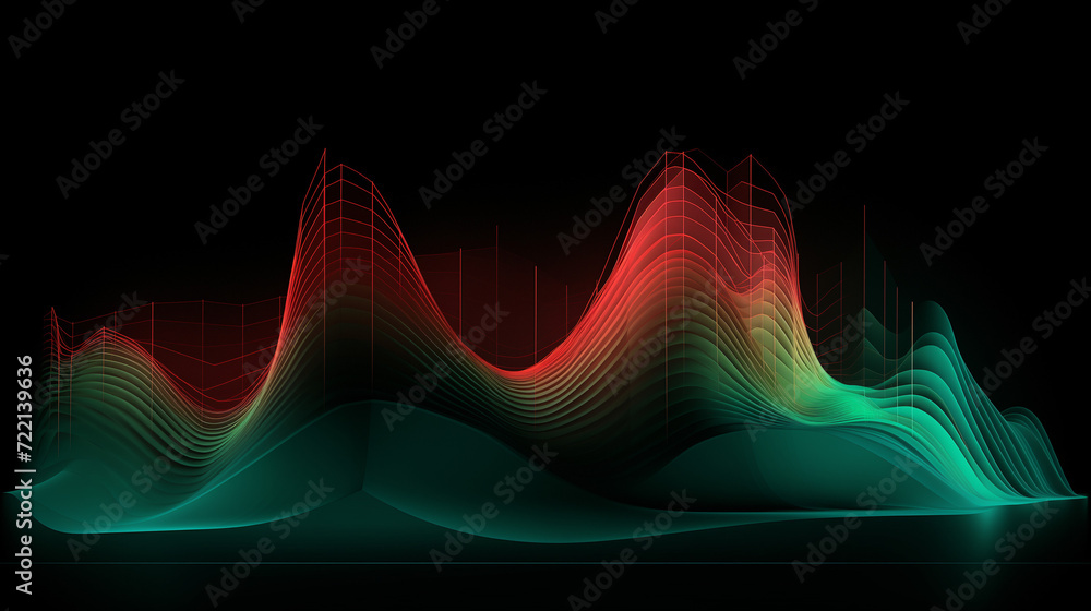 fractal realms abstraction, abstract background with waves, Green , red line chart waves front view, Ai generated image