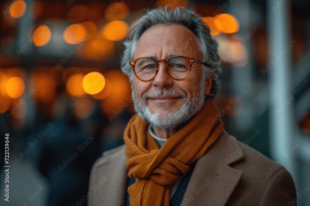 smiling mature corporate man walking in the street against modern building in the background, bokeh