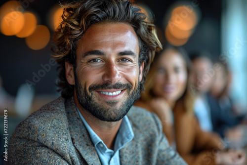 Successful business man sitting in a boardroom with his team in the background, looking at camera smiling, bokeh