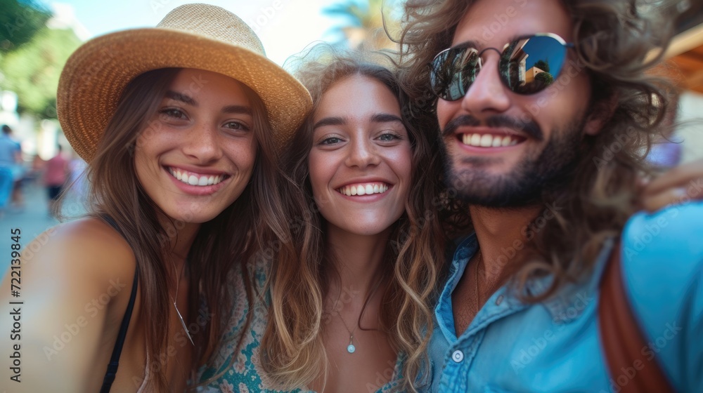 happy teenagers selfie together at sea beach on their summer trip. happy teenagers selfie together at sea beach on their summer trip.