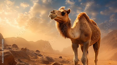 Closeup camel portrait in the desert with space for copy