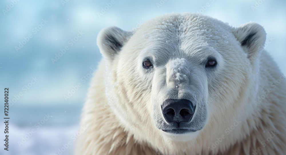 Closeup white polar bear portrait in a snowy landscape