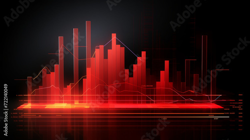 Market graph, City skyline with rising arrow, Red digital graphs and bar charts front view, Ai generated image
