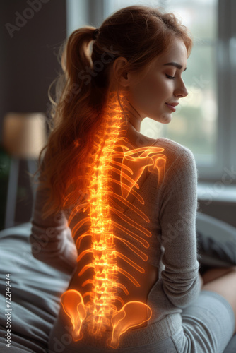 Digital composite of highlighted spine of woman with back pain at home