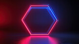 3d render, abstract neon background with red blue hexagonal frame glowing in the dark. Minimalist geometric wallpaper, generated by AI