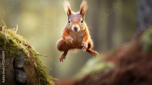 Eurasian red squirrel (Sciurus vulgaris) jumping in the air © Alicia