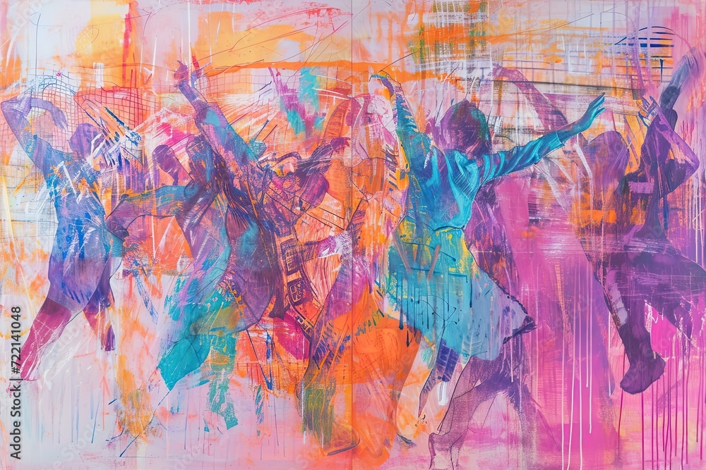 An abstract, stylized painting depicting women dancing to music. Girls at a disco painted with pastels, paints, colored, multicolor illustration. Neo pop art