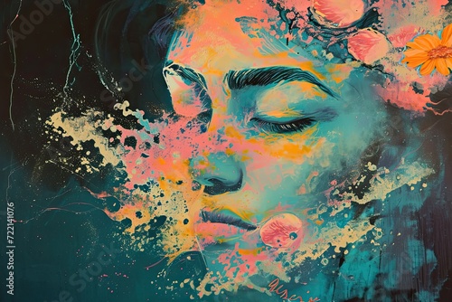 Abstract portrait of a girl with her eyes closed. A beautiful image of a woman's face surrounded by splashes, bubbles, waves