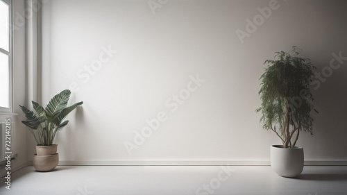  Interior background of empty room with white wall and and potted plant 