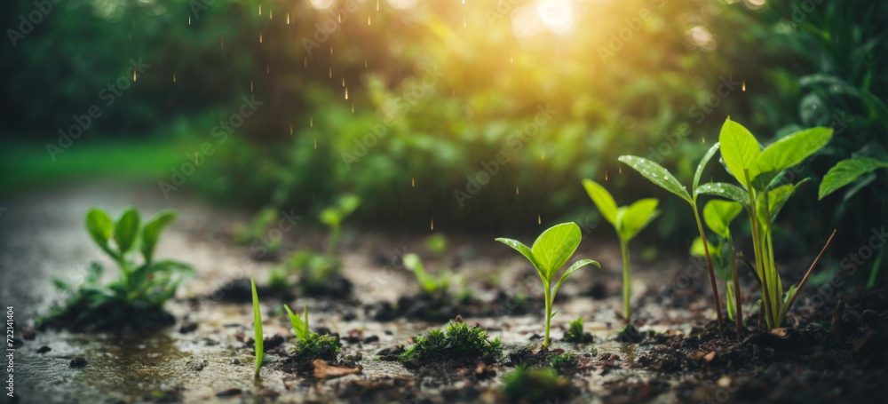 young plants growing on the ground in the rain save lives, banner 