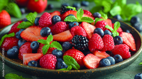 bowl full of mixed fresh berries like strawberries  blueberries  and raspberries  garnished with mint leaves  perfect for a healthy snack or dessert