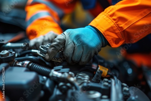 Hand of mechanic holding car service and checking, Customer service guarantee concept photo