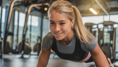 young woman in the gym, pushing through an intense set of push-ups