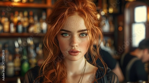 Red haired woman with green eyes staring into the camera