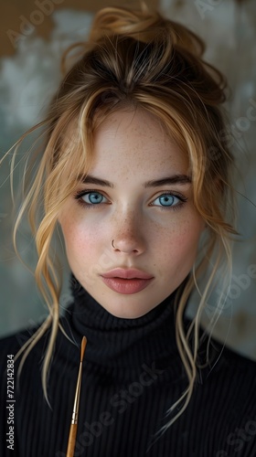 Blonde woman with blue eyes staring into the camera photo