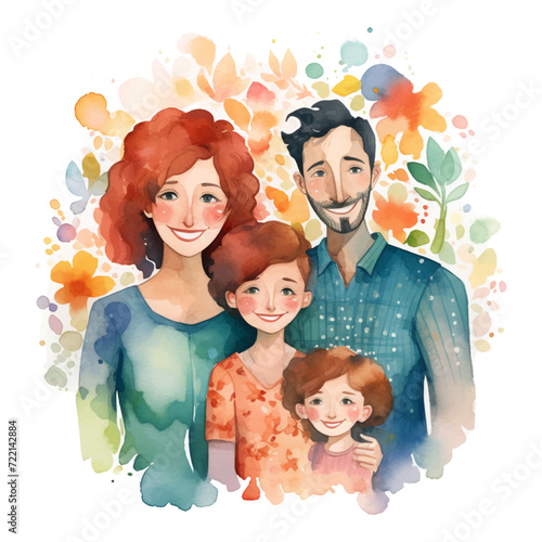 Watercolor family. Parents and children. Vector illustration with beautiful woman, man and two kids