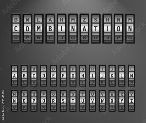 Code Lock Alphabet. Vector Vertical Metal Rotating Discs With Black Letters for Combination Lock