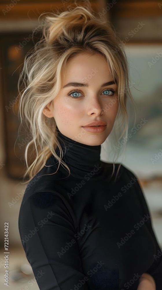 Blonde woman with blue eyes staring into the camera Blonde woman with blue eyes staring into the camera