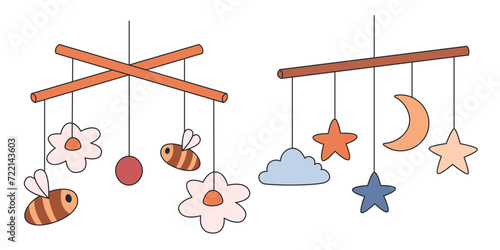 Baby Hanging Cradle Mobile Newborn Toy with Flowers and Stars isolated on white background.