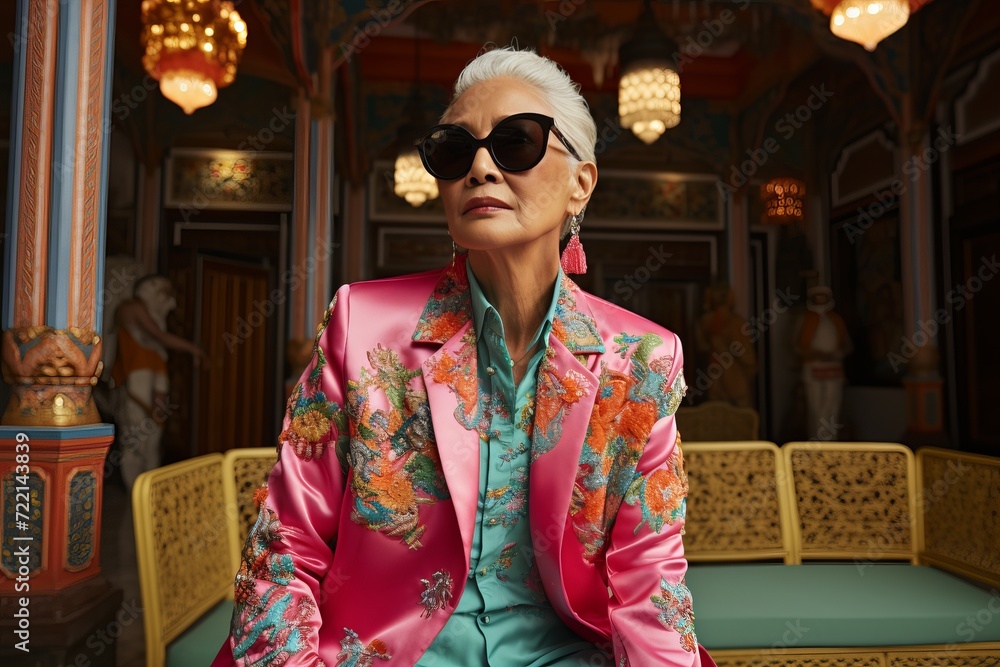 Blonde woman in sunglasses and a bright jacket sits in a chair indoors