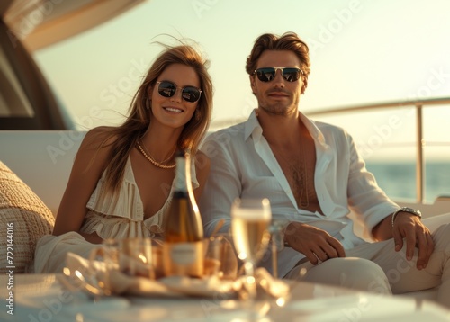 love couple sitting on the yacht with bottle of champagne