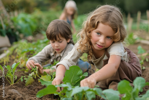 young children tending vegetable patch in a garden