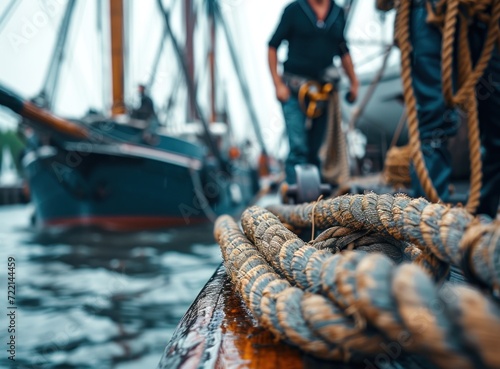 man rigging the rope rope on a yacht photo