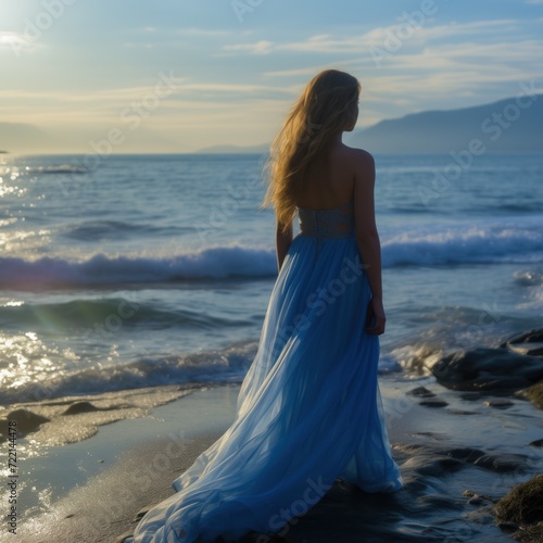 Young sensual woman in blue dress walking at the sea side