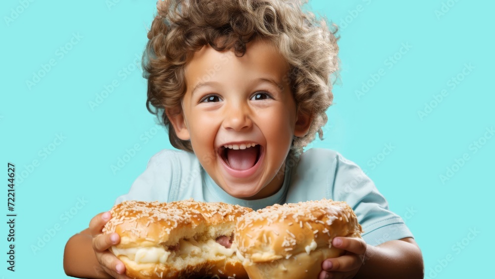 Beautiful young funny cute boy with donuts and Bread.