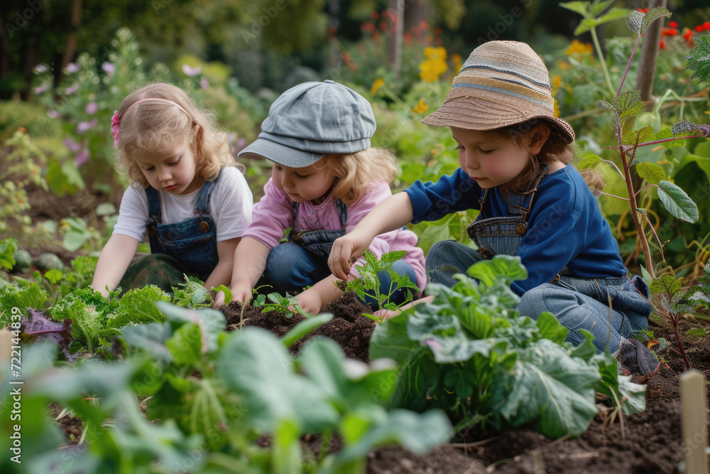 young children tending vegetable patch in a garden