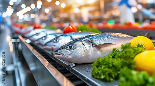 Fresh whole fish displayed on ice with lemon and parsley garnish, showcasing seafood preparation in a market or restaurant setting