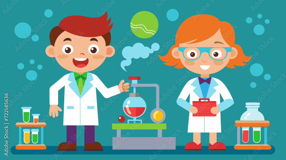 Cheerful cartoon children in science lab with equipment illustration Cheerful cartoon children in science lab with equipment illustration