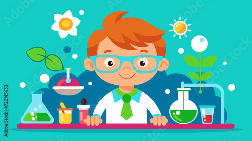 Cartoon boy conducting science experiments in a lab - education concept