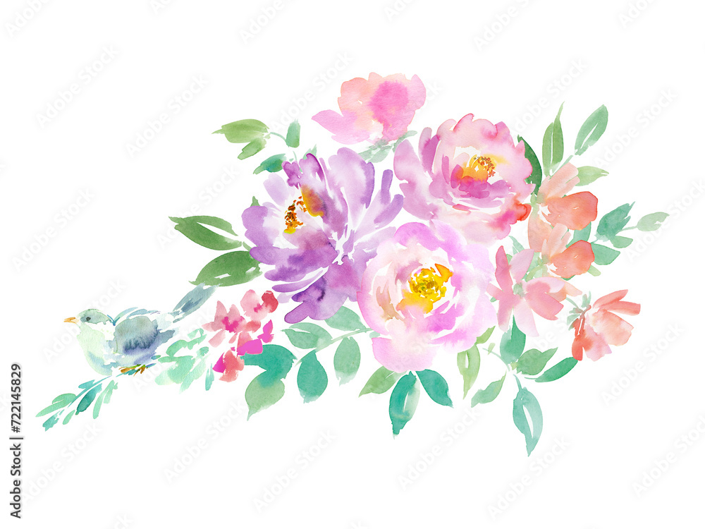 水彩で描いたピンク色の牡丹と青い鳥、草花のブーケイラスト

