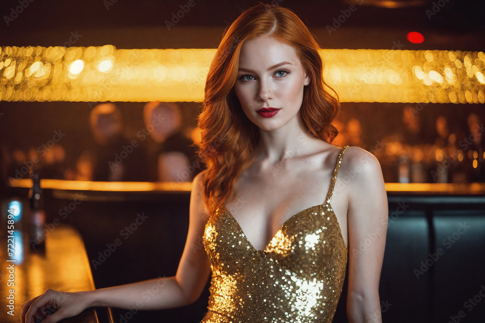 Elegant sexy ginger woman with red hair in gold dress standing near bar counter and relaxing. Night club interior. Colorful light. Fashionable stylish lady. Generative Ai Elegant sexy ginger woman with red hair in gold dress standing near bar counter and relaxing. Night club interior. Colorful light. Fashionable stylish lady. Generative Ai