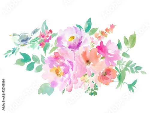 水彩で描いたピンク色の牡丹と青い鳥、草花のブーケイラスト