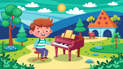 Happy cartoon boy playing piano outdoors near his colorful house