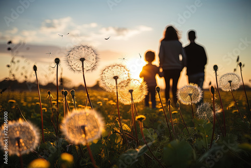 Joyful Family Embracing Nature: A Vibrant Journey Amongst Delicate Dandelions