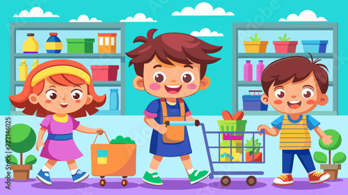 Happy children shopping in supermarket with cart and basket vector illustration © Mustafa