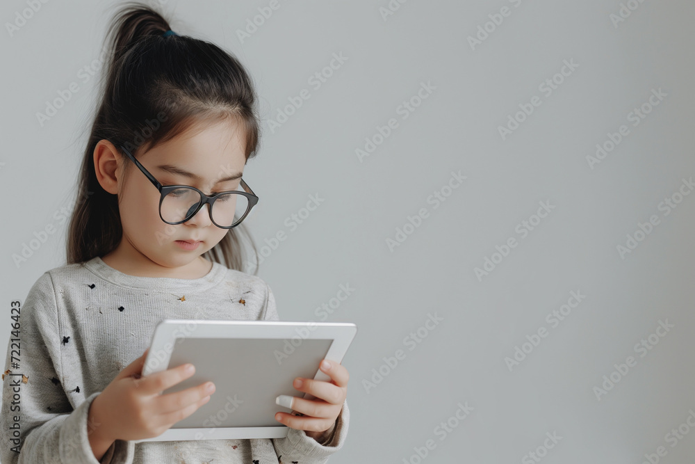 Criança japonesa usando óculos com o cabelo amarrado usando um tablet isolada no fundo cinza 