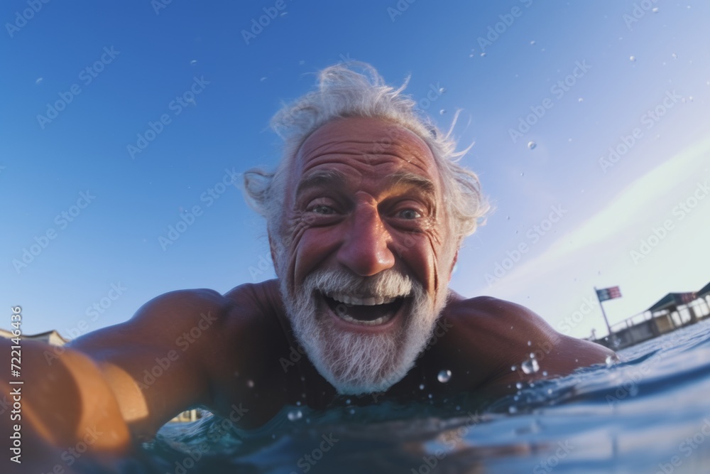 Senior man swimming in a swimming pool smiling and laughing at the camera