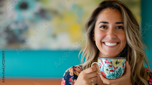 Cute woman smiling and drinking tea in the house photo