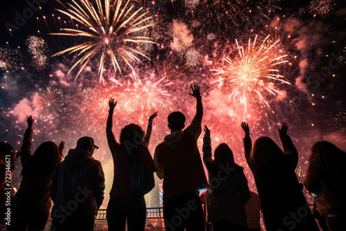 Group of happy young people celebrating new year eve with fireworks and fireworks