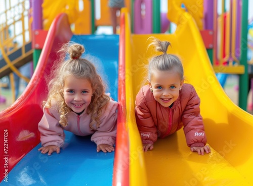 Kids on playground. Children play outdoor on school yard slide. 