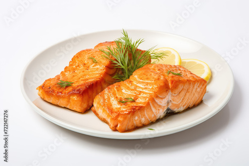 Grilled salmon fillet with dill and lemon on white plate