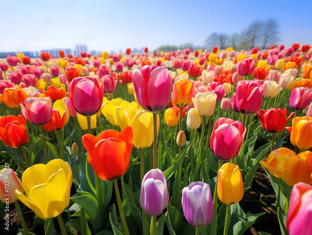 A bright sunny field of colorful tulips