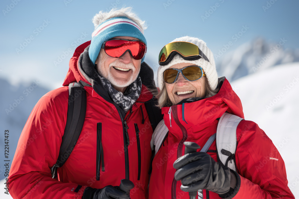Happy senior couple in winterwear standing on top of a snowy mountain Happy senior couple in winterwear standing on top of a snowy mountain