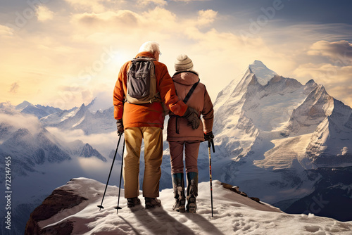 Happy senior couple in winterwear standing on top of a snowy mountain