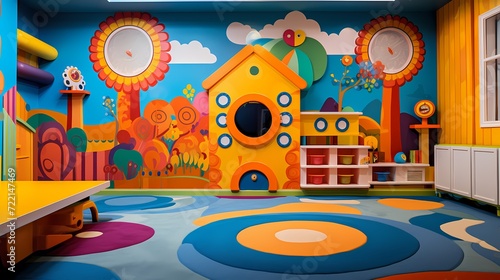 Whimsical and imaginative children's play area with walls painted in playful patterns and vibrant colors