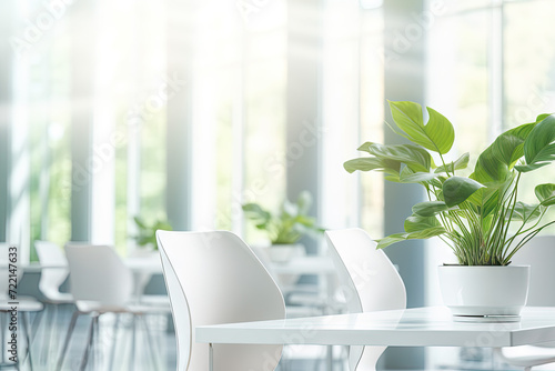 Interior of modern meeting room with white walls  concrete floor  long white table with gray chairs and green plants